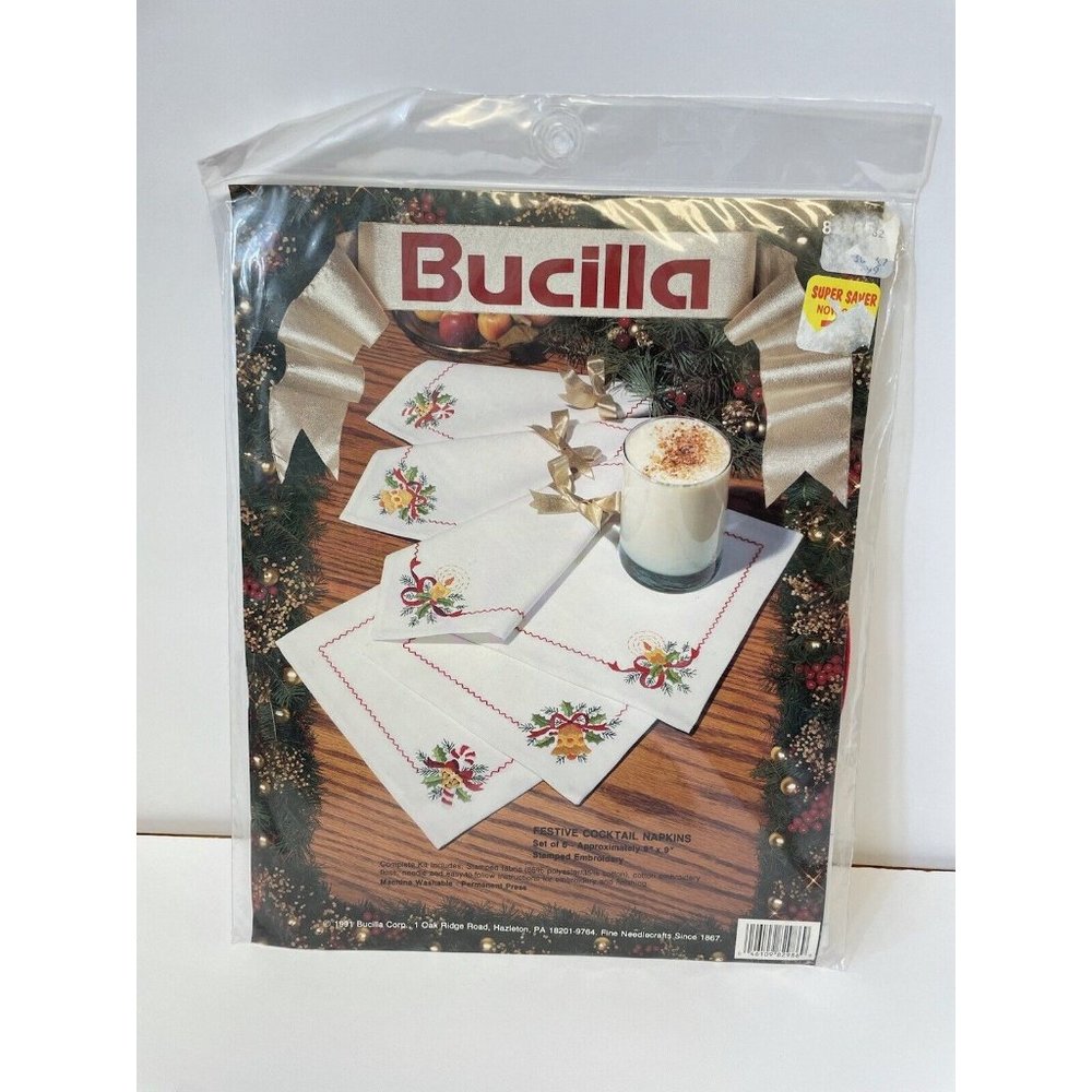 Vintage Bucilla Festive Cocktail Napkins Cross Stitch Kit Set of 6 napkins